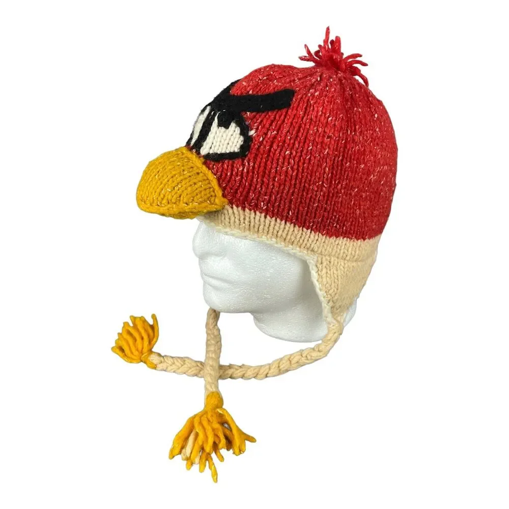 Angry Birds Beanie Crochet Hand made Wool blend Hat Cap Red Yellow Tassels